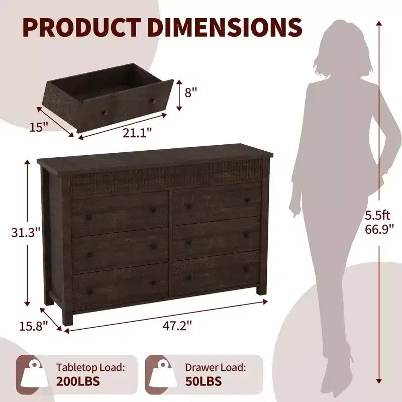 Cassettiera in legno a 6 o 7 cassetti con pannelli scanalati, organizer contenitore per soggiorno o camera da letto
