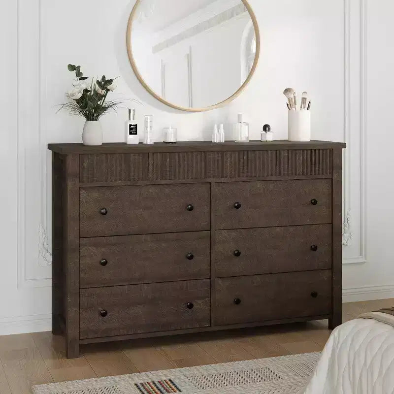 Cassettiera in legno a 6 o 7 cassetti con pannelli scanalati, organizer contenitore per soggiorno o camera da letto