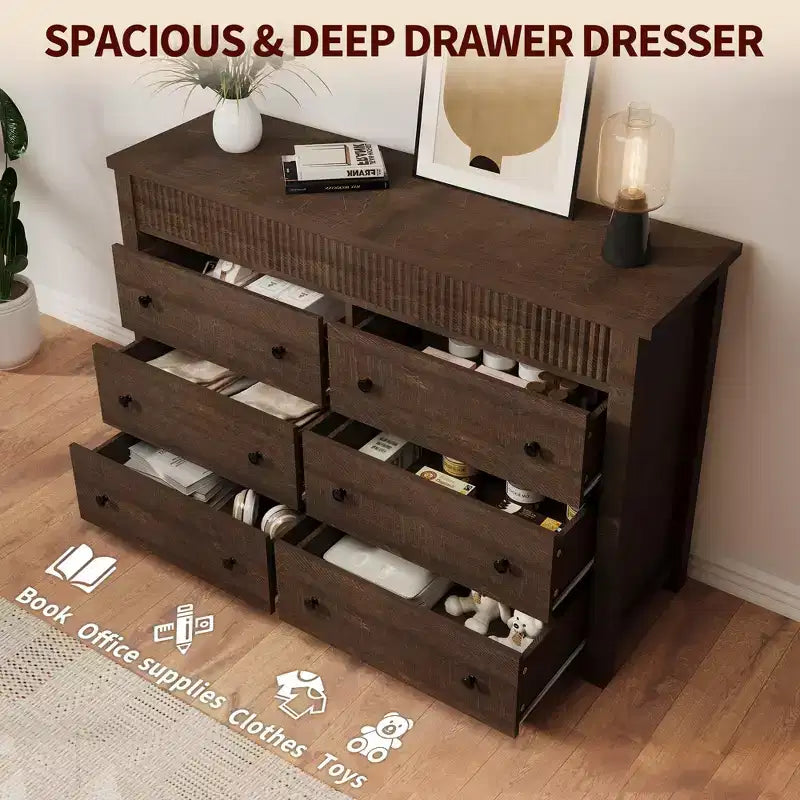 Cassettiera in legno a 6 o 7 cassetti con pannelli scanalati, organizer contenitore per soggiorno o camera da letto