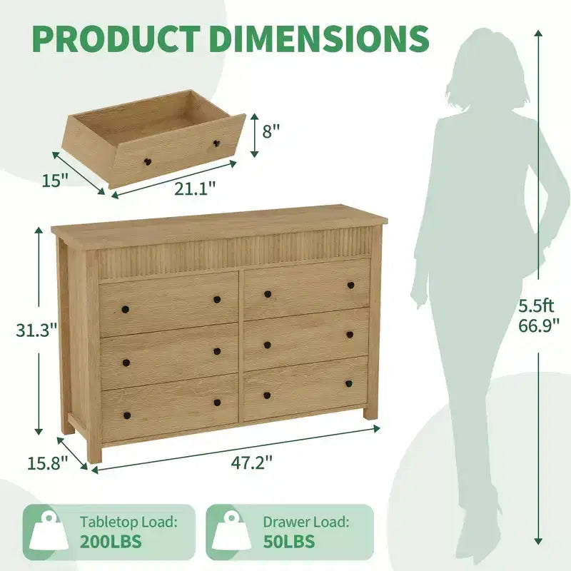 Cassettiera in legno a 6 o 7 cassetti con pannelli scanalati, organizer contenitore per soggiorno o camera da letto