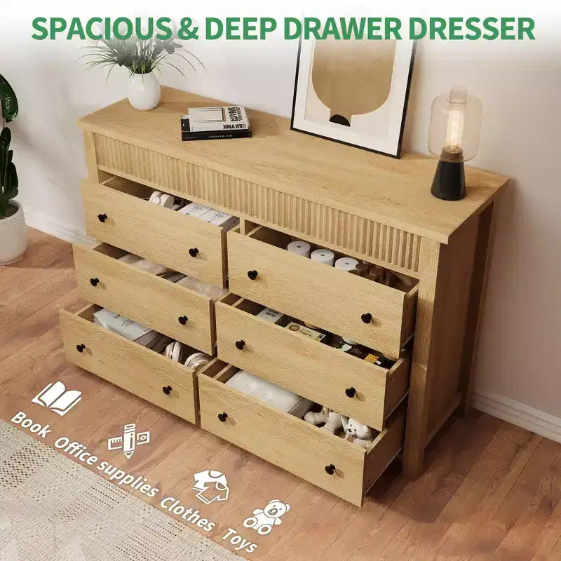 Cassettiera in legno a 6 o 7 cassetti con pannelli scanalati, organizer contenitore per soggiorno o camera da letto