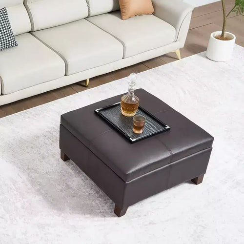 Pouf contenitore quadrato da 71 cm con coperchio ribaltabile, rivestito in pelle PU, marrone scuro