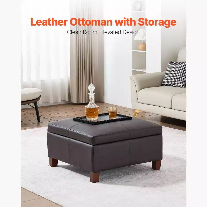 Pouf contenitore quadrato da 71 cm con coperchio ribaltabile, rivestito in pelle PU, marrone scuro