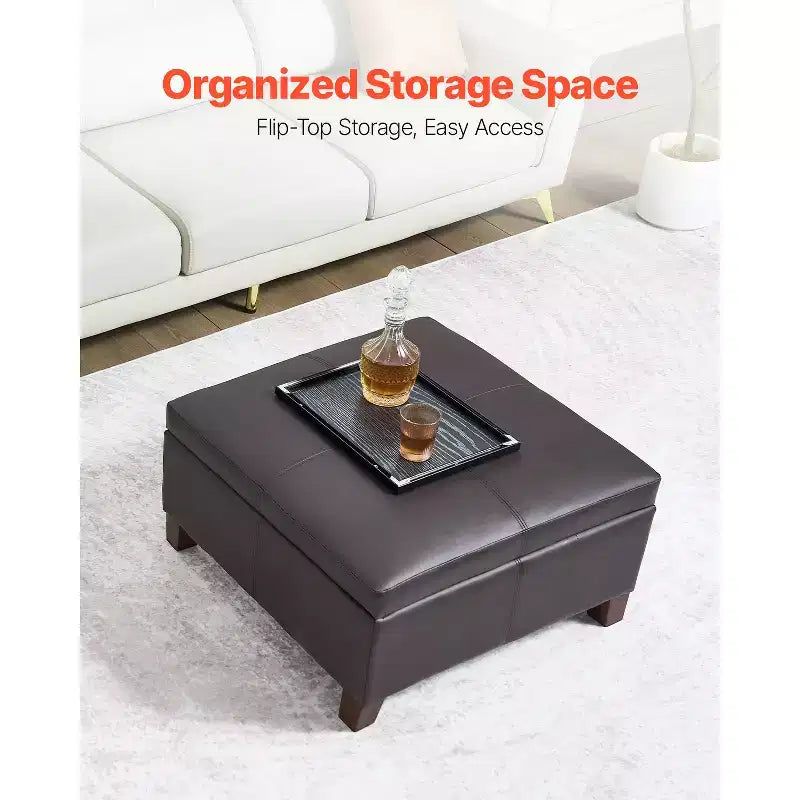Pouf contenitore quadrato da 71 cm con coperchio ribaltabile, rivestito in pelle PU, marrone scuro