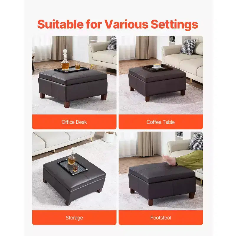 Pouf contenitore quadrato da 71 cm con coperchio ribaltabile, rivestito in pelle PU, marrone scuro