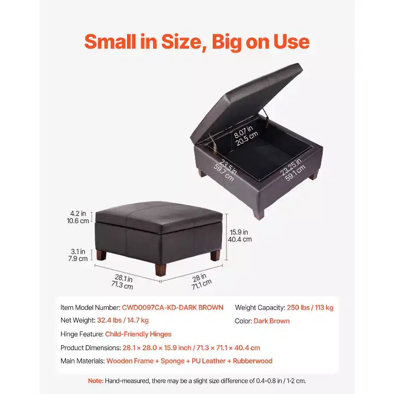 Pouf contenitore quadrato da 71 cm con coperchio ribaltabile, rivestito in pelle PU, marrone scuro