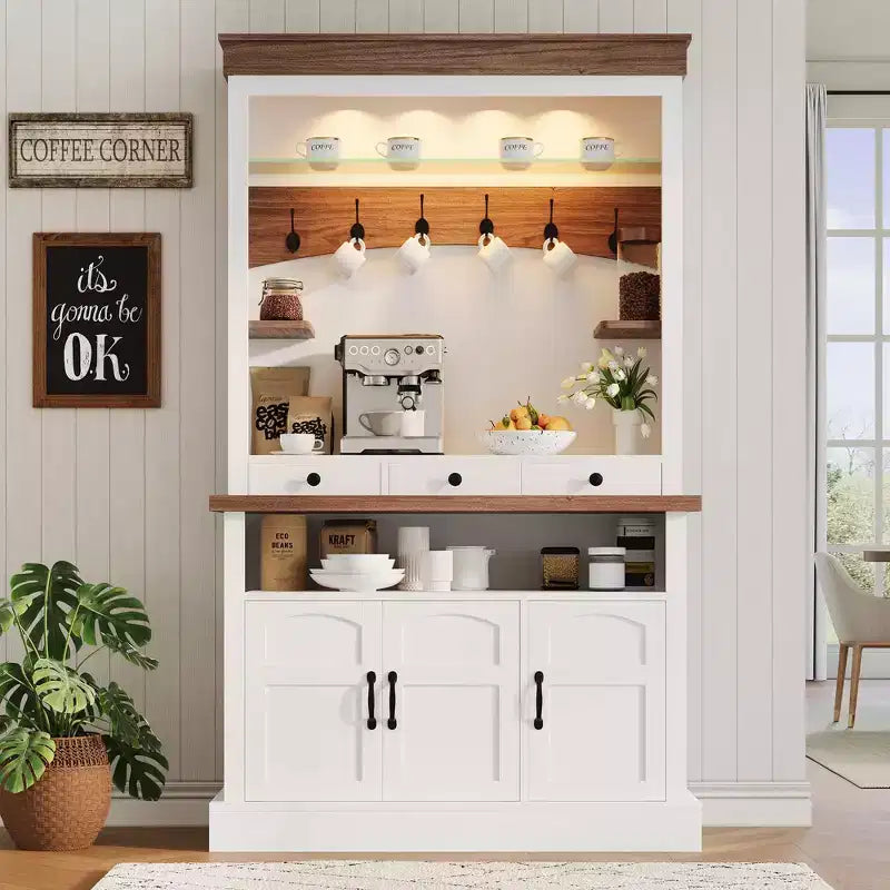 Mobile bar da caffè in stile rustico con luci a LED e scomparto portaoggetti