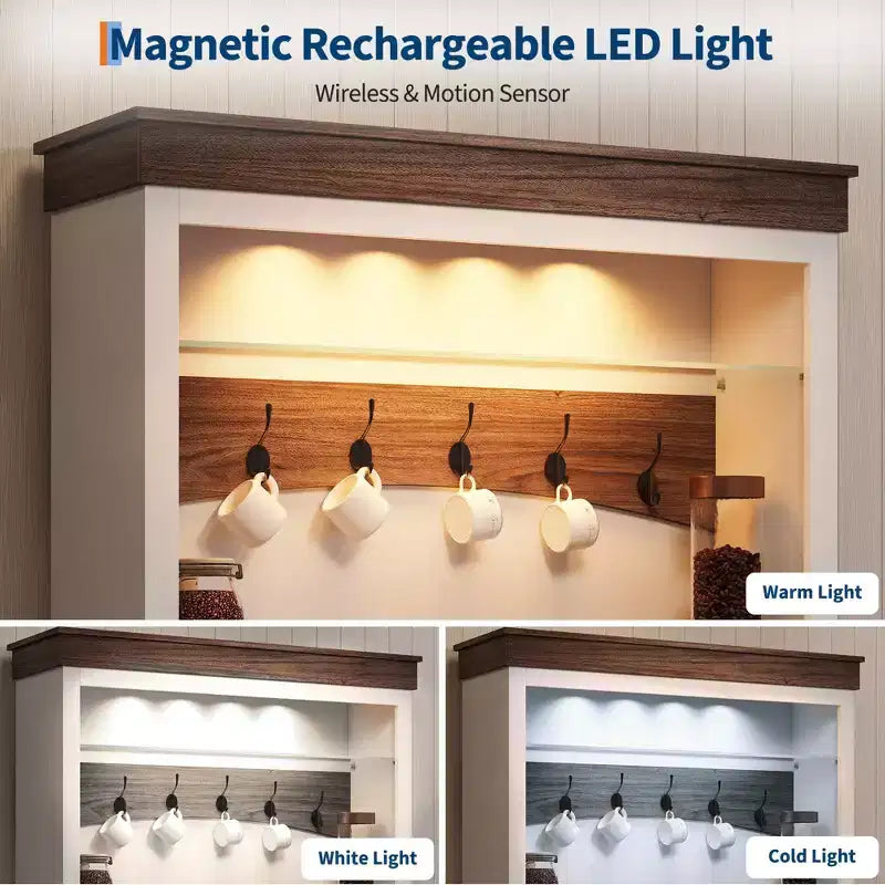 Mobile bar da caffè in stile rustico con luci a LED e scomparto portaoggetti