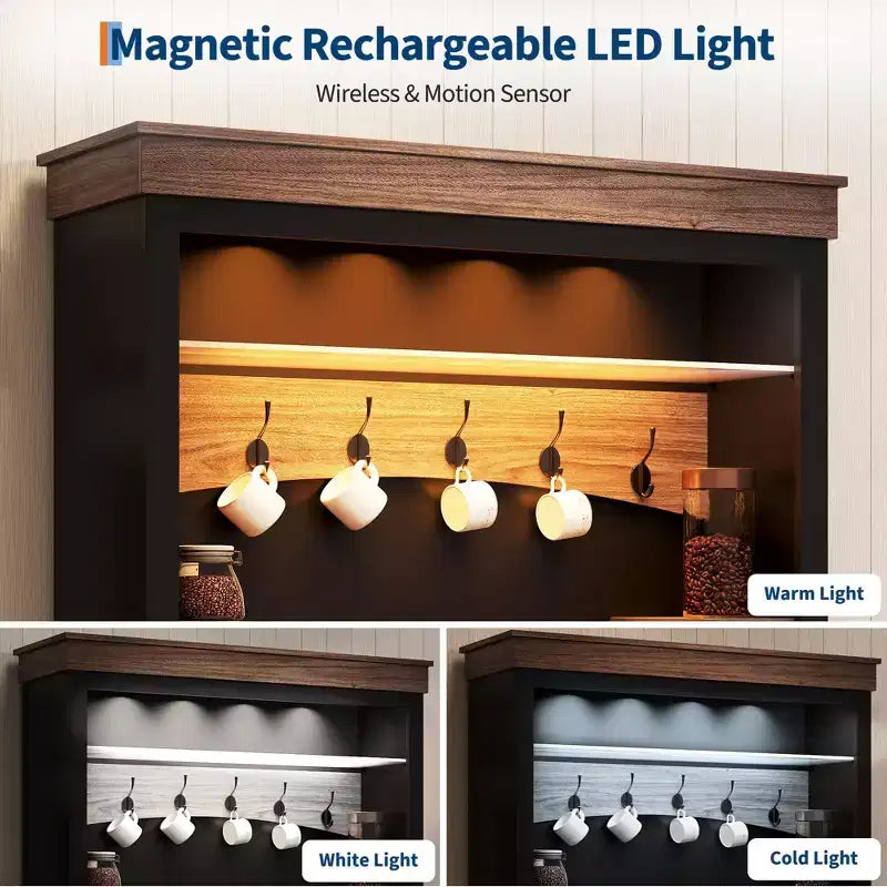 Mobile bar da caffè in stile rustico con luci a LED e scomparto portaoggetti