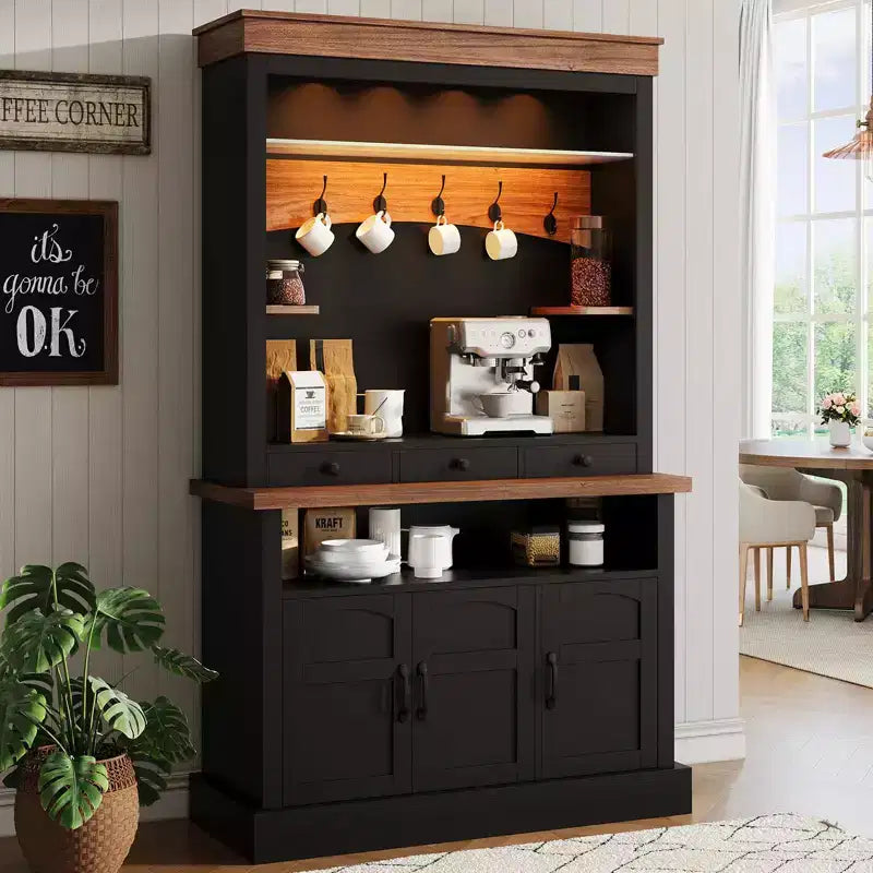 Mobile bar da caffè in stile rustico con luci a LED e scomparto portaoggetti