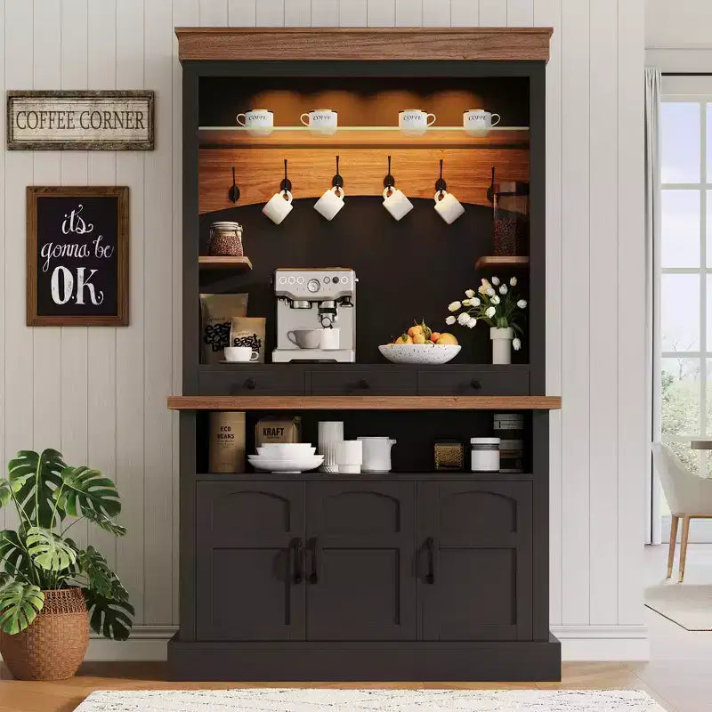 Mobile bar da caffè in stile rustico con luci a LED e scomparto portaoggetti